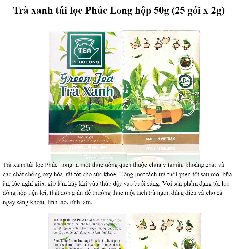 trà xanh túi lọc phúc long hộp 50g - 25 gói x 2g (hộp mẫu mới) 1
