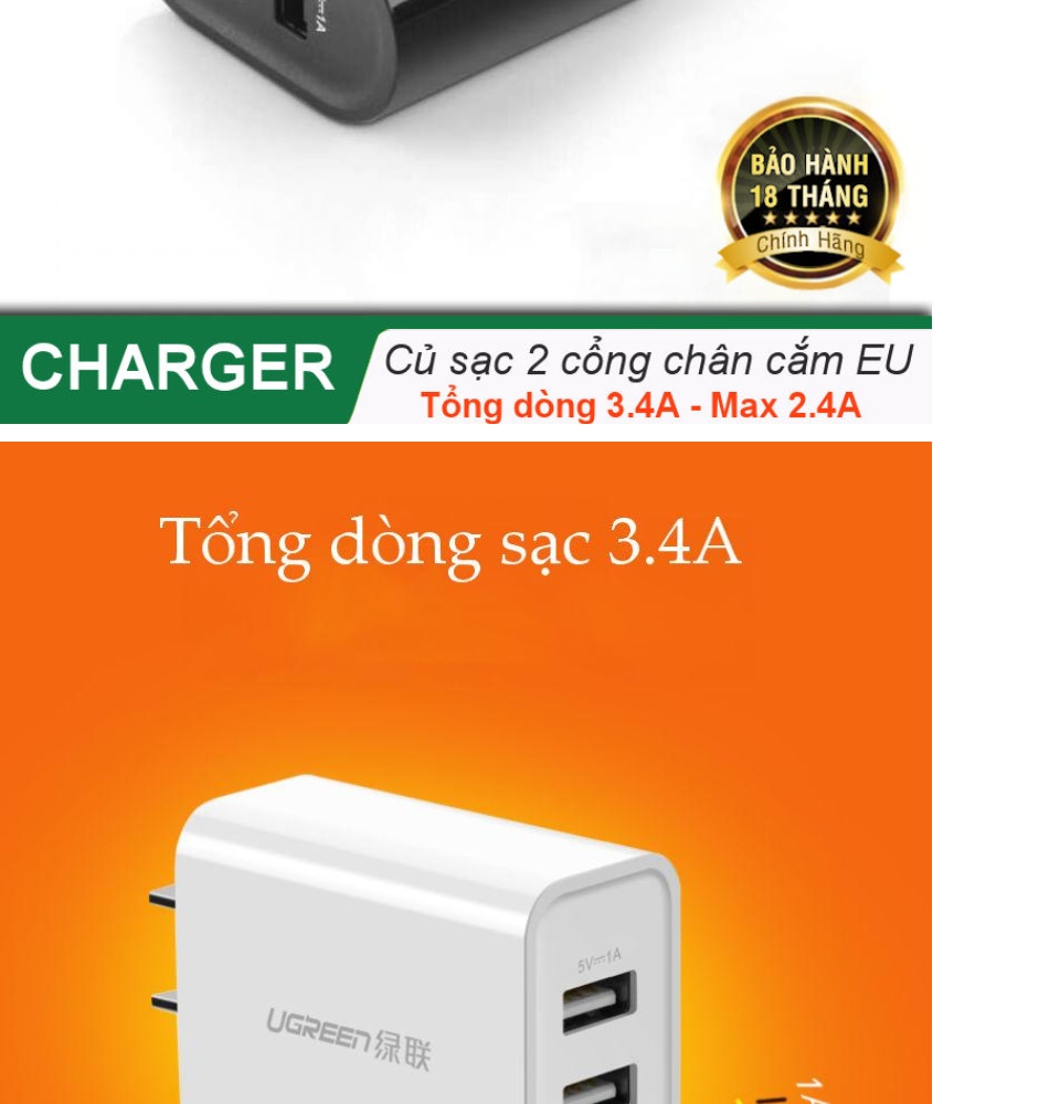 Sạc 2 cổng USB-A UGREEN CD104 - Dòng sạc tối đa 3.4A (Tối đa 2.4A mỗi cổng) Sạc 2 cổng USB-A UGREEN CD104 - Dòng sạc tối đa 3.4A (Tối đa 2.4A mỗi cổng)