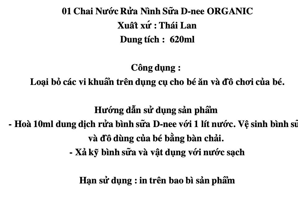 01 Chai Nước Rửa Bình Sữa D-nee ORGANIC Thái Lan 620ml