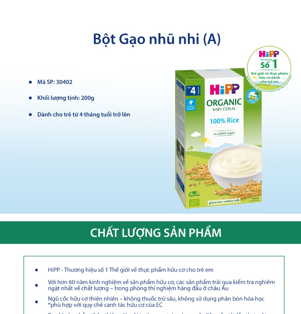 QUÀ TẶNG HOT] Bột gạo ăn dặm HiPP Organic Baby Cereal 100% Rice hoàn toàn từ bột gạo hữu cơ, tự nhiên, an toàn, dinh dưỡng, bổ sung vitamin B1, dành cho trẻ từ 4 tháng tuổi, trẻ hay bị dị ứng thức ăn 200g (30402