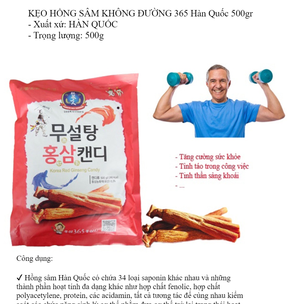 Kẹo Sâm Không Đường Đỏ 365 Hàn Quốc Gói 500gram - Kẹo Dùng Đường Cho Người Bị Tiểu Đường  (500g)