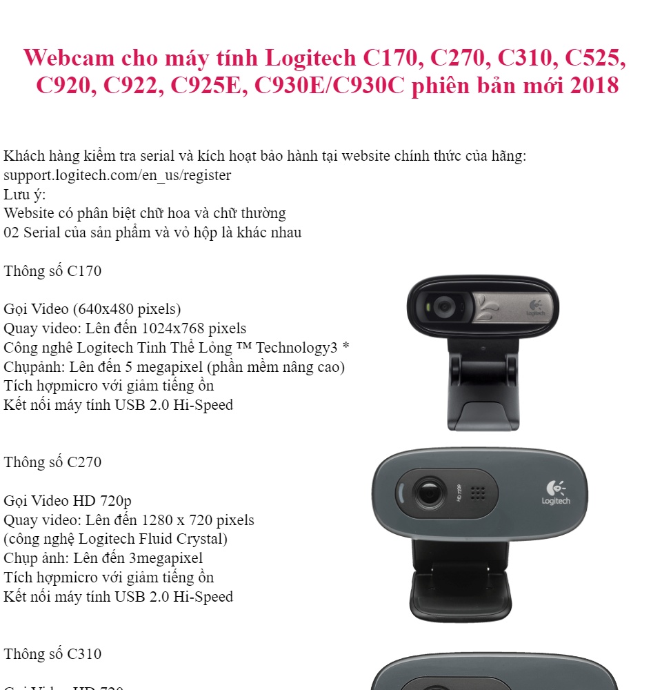 Webcam cho máy tính Logitech C170, C270, C310, C525, C920, C922, C925E, C930E C930C phiên bản mới 2018 [BH 1 năm] 1