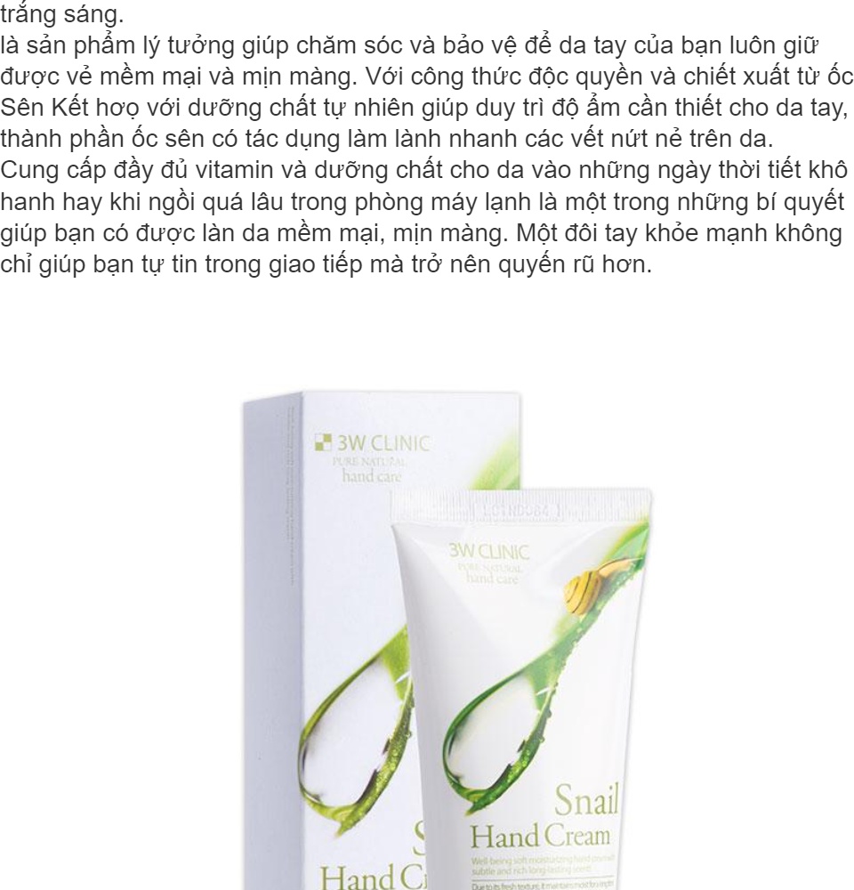 kem dưỡng tay ốc sên 3w clinic moisturizing hand cream 100ml 12
