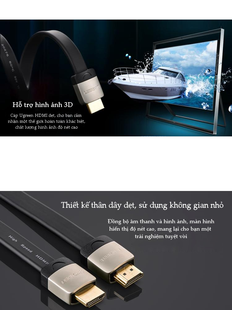 Cáp HDMI dạng dây dẹt, hỗ trợ 2K*4K, hình ảnh 3D, dài 1-5M UGREEN HD123 Cáp HDMI dạng dây dẹt, hỗ trợ 2K*4K, hình ảnh 3D, dài 1-5M UGREEN HD123