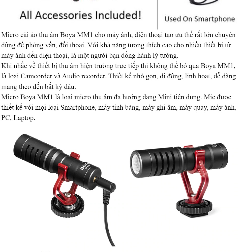 Mic Thu Âm Điện Thoại & Máy Ảnh Máy Quay DSLR - BOYA BY-MM1 Thiết
