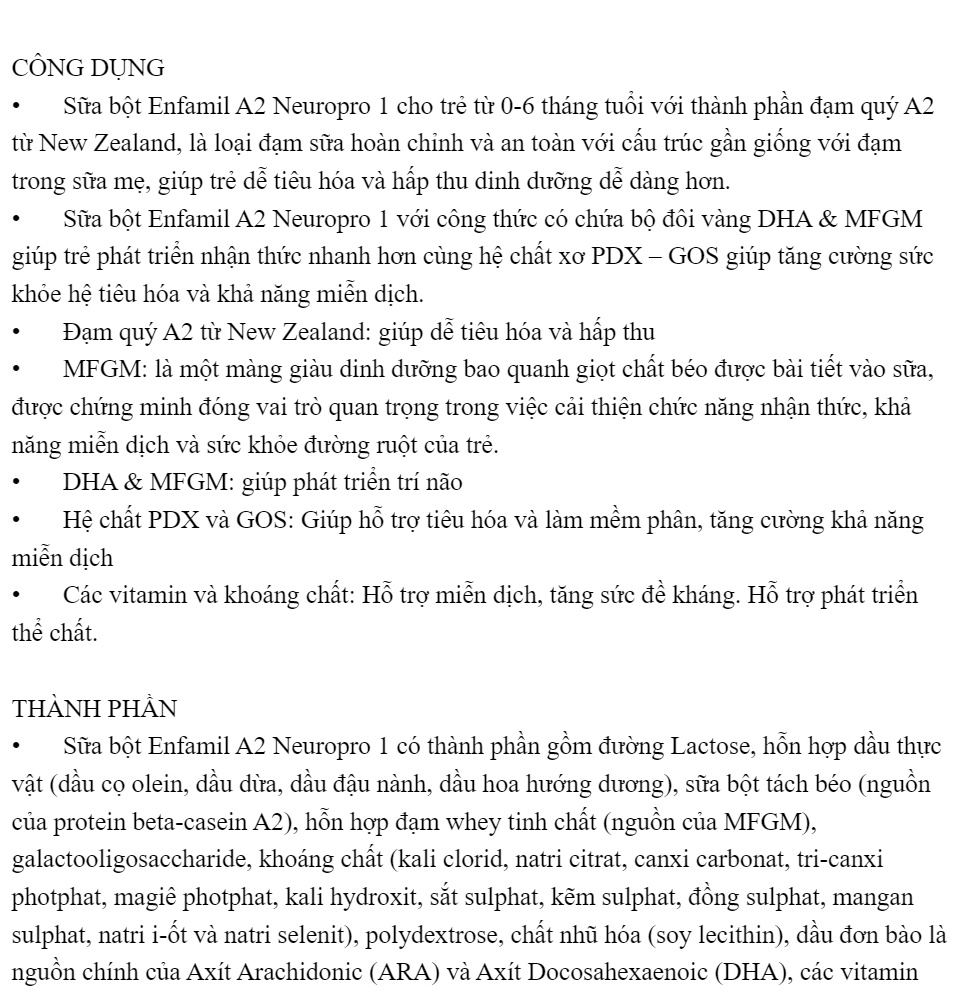 Sữa bột Enfamil A2 Neuropro 1 cho trẻ từ 0-6 tháng tuổi – 800g
