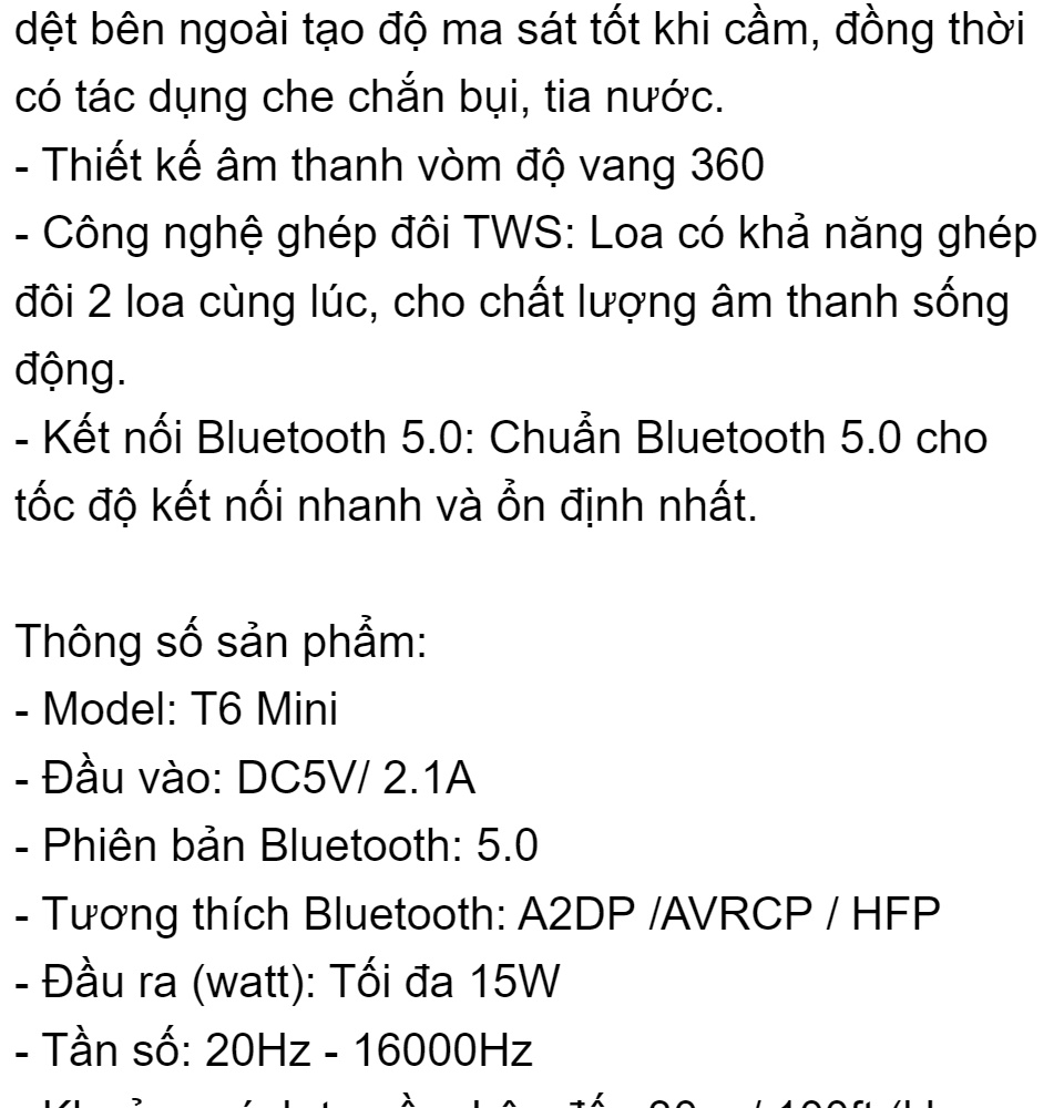 Loa Bluetooth 5.0 Tronsmart Element T6 Mini - Kháng nước IPX6 - Công suất 15W