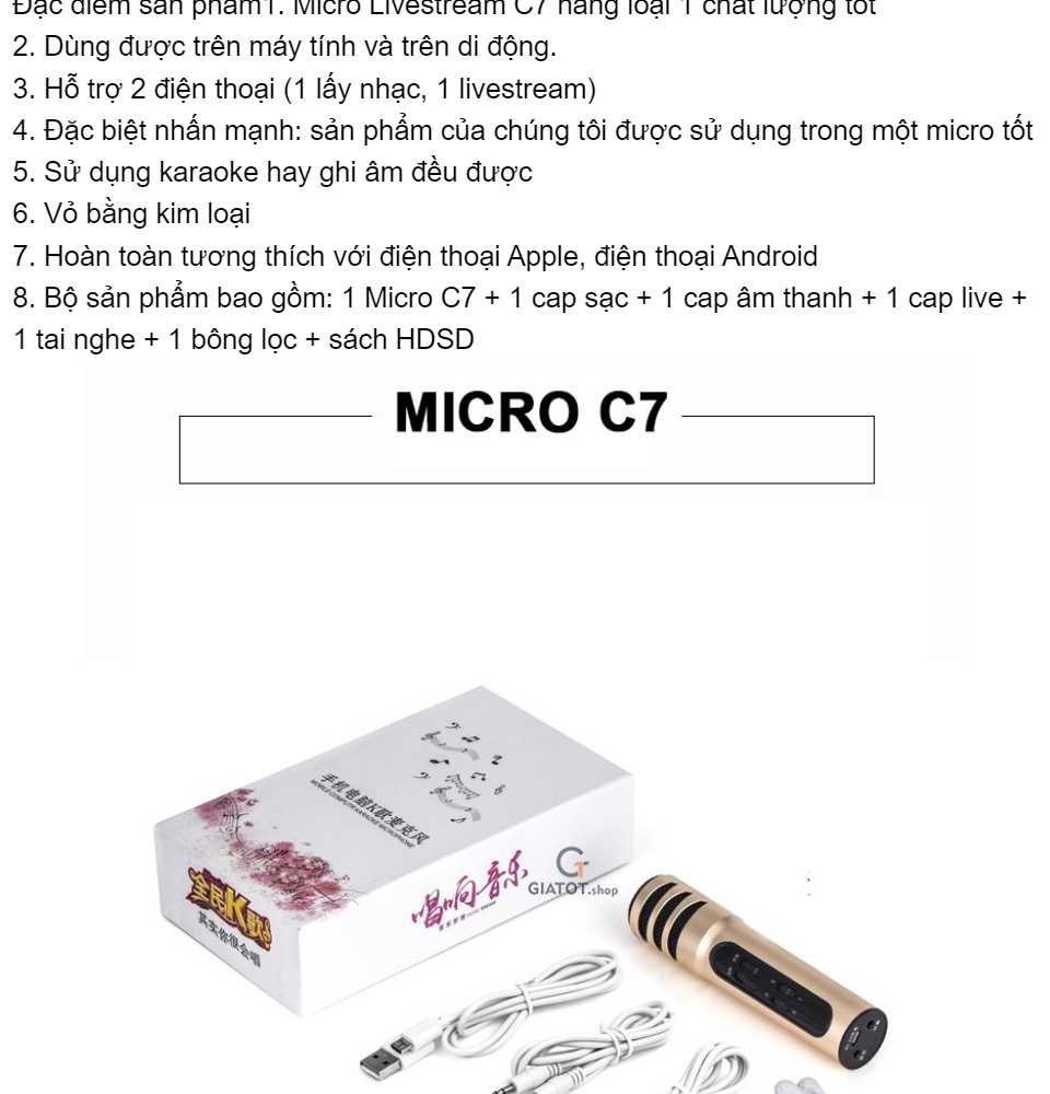 Micro Thu Âm Hát Livestream Hát Karaoke C7 Âm Thanh Rõ Nét Trong Trẻo Không