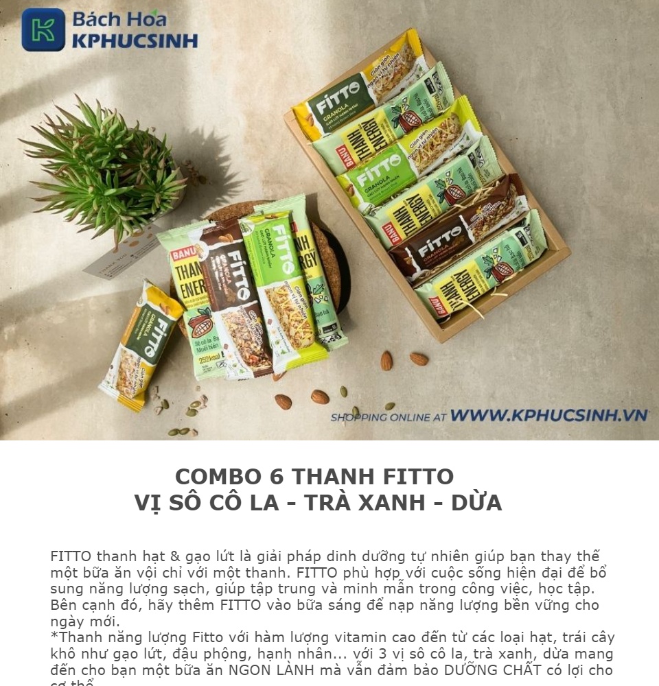 Hộp 6 Thanh Năng Lượng Fitto Sô Cô La, Trà Xanh, Dừa Begin 365