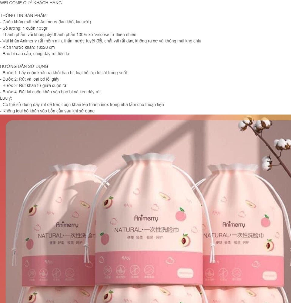 Cuộn 100 khăn mặt khô dùng một lần ANIMERRY, khăn bông mềm mịn, khăn giấy lau mặt khô dày dặn an toàn tiện lợi