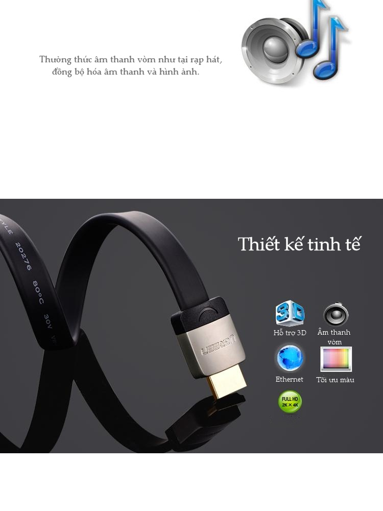 Cáp HDMI dạng dây dẹt, hỗ trợ 2K*4K, hình ảnh 3D, dài 1-5M UGREEN HD123 Cáp HDMI dạng dây dẹt, hỗ trợ 2K*4K, hình ảnh 3D, dài 1-5M UGREEN HD123