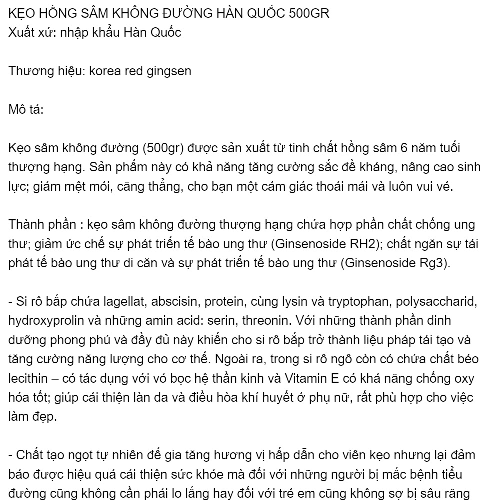 Kẹo Sâm Không Đường Hàn Quốc 500Gr