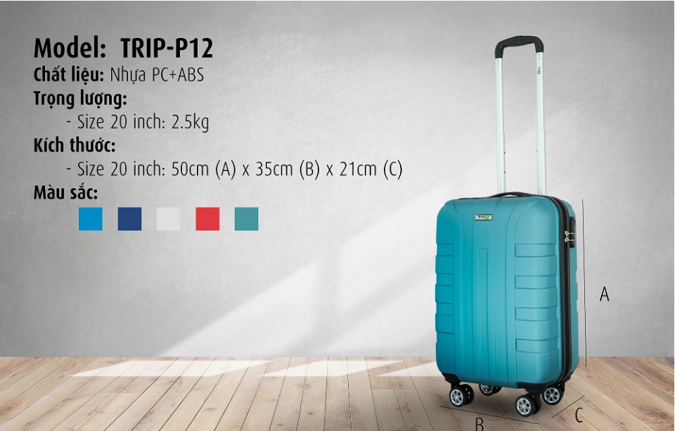 [miễn phí ship] vali trip p12 size 20inch - vali size xách tay lên cabin máy bay đựng từ 7kg đến 10kg hành lý 6