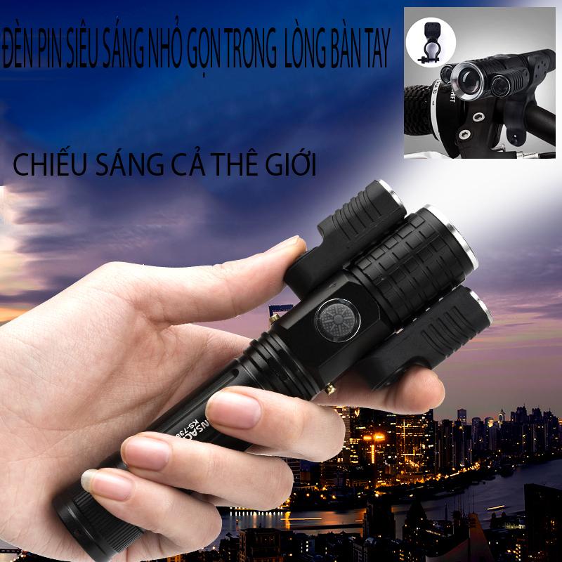 Đèn pin cầm tay 3 PHA 3 Bóng Led SIÊU SÁNG Xoay 360 Độ + Pin sạc 18650 cao cấp 6800mAh, Đèn led siêu sáng 3 bóng CHỐNG NƯỚC