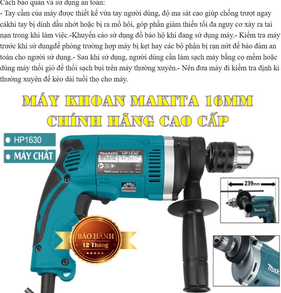 Máy khoan cầm tay Makita hp1630 công suất 710W - Máy khoan có chế độ