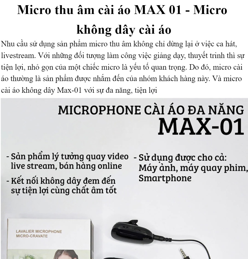 Micro thu âm cài áo MAX 01 - Micro không dây cài áo Micro Thu