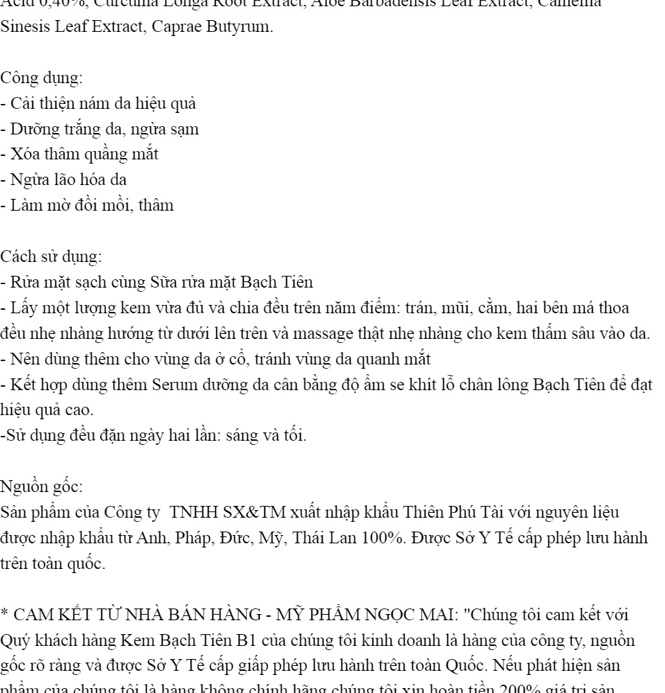 Kem Bạch Tiên B1 nám, đồi mồi, ngừa sạm thâm, ngừa lão hóa Phiến hồng hoa - Saffron 25g
