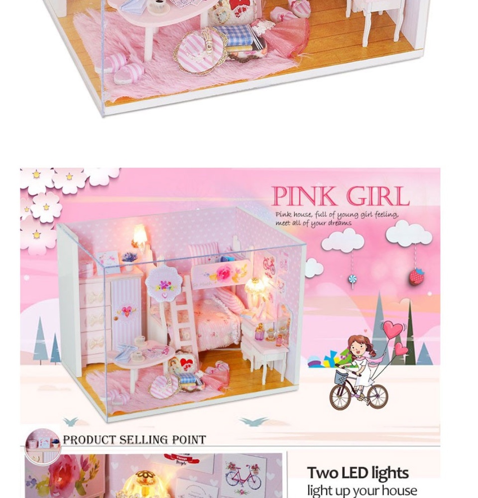 hcmmô hình nhà gỗ diy có đèn - pink girl 2