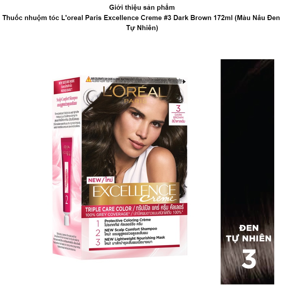 Thuốc nhuộm tóc L'oreal Paris Excellence Creme #3 Dark Brown 172ml (Màu Nâu Đen Tự Nhiên)