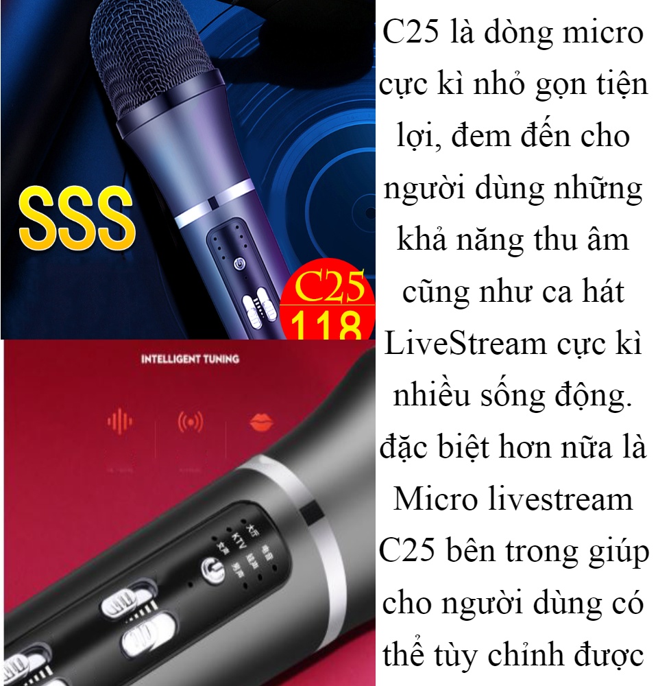 Combo Micro Thu Âm Và Livestream Trên Điện Thoại-Trọn Bộ Micro C25 Thiết Kế Đẹp