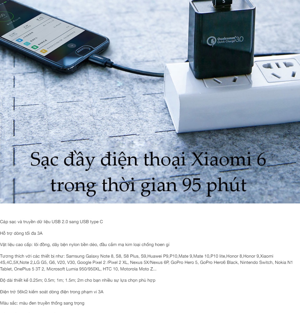 Cáp sạc USB Type-C UGREEN US174 (A sang C) - Hỗ trợ dòng tối đa 3A, dây bện nylon siêu bền, tương thích với điện thoại Samsung / Xiaomi / Oppo / Huawei / OnePlus / Redmi / Realme Cáp sạc USB Type-C UGREEN US174 (A sang C) - Hỗ trợ dòng tối đa 3A, dây bện nylon siêu bền, tương thích với điện thoại Samsung / Xiaomi / Oppo / Huawei / OnePlus / Redmi / Realme