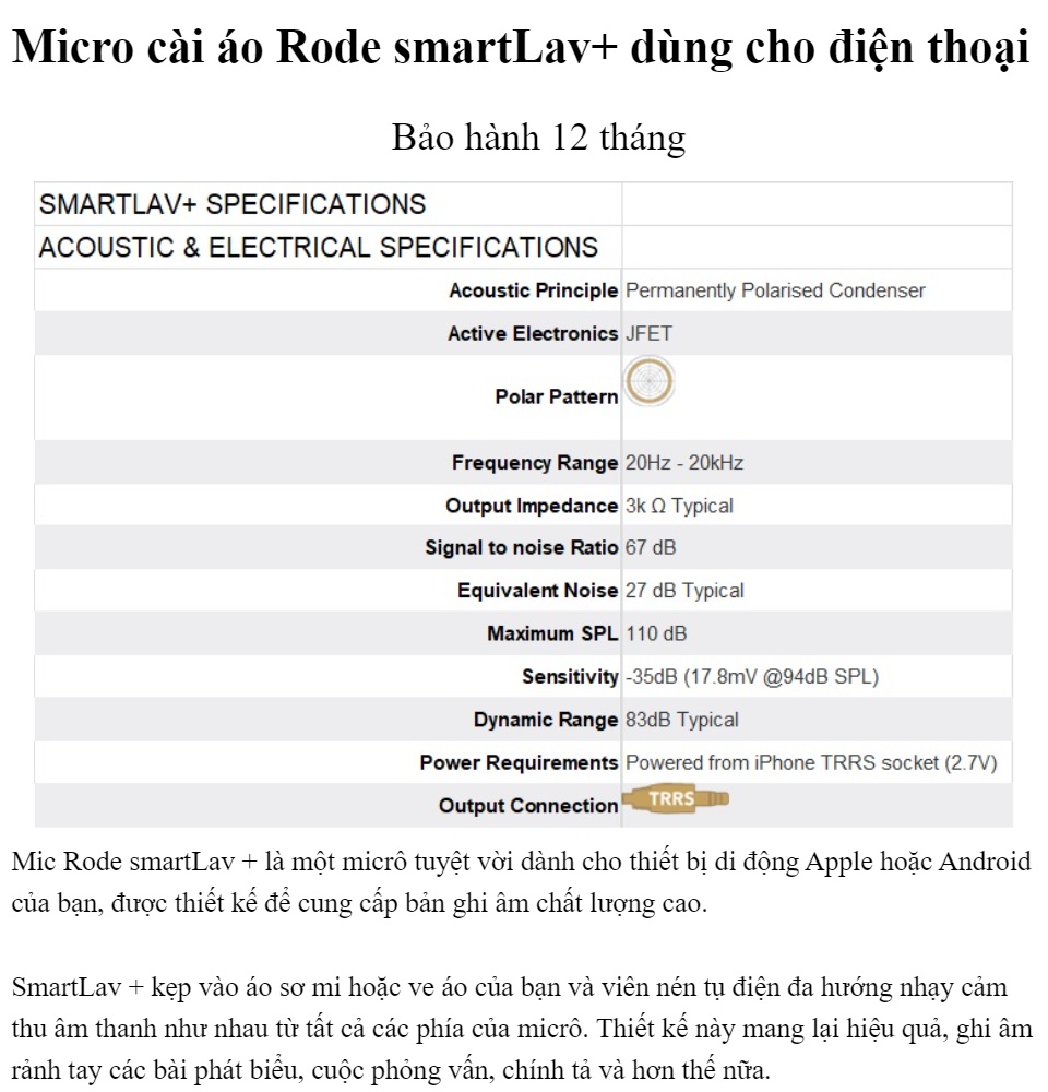 Micro cài áo Rode smartLav+ dùng cho điện thoại - Bảo hành 12 tháng