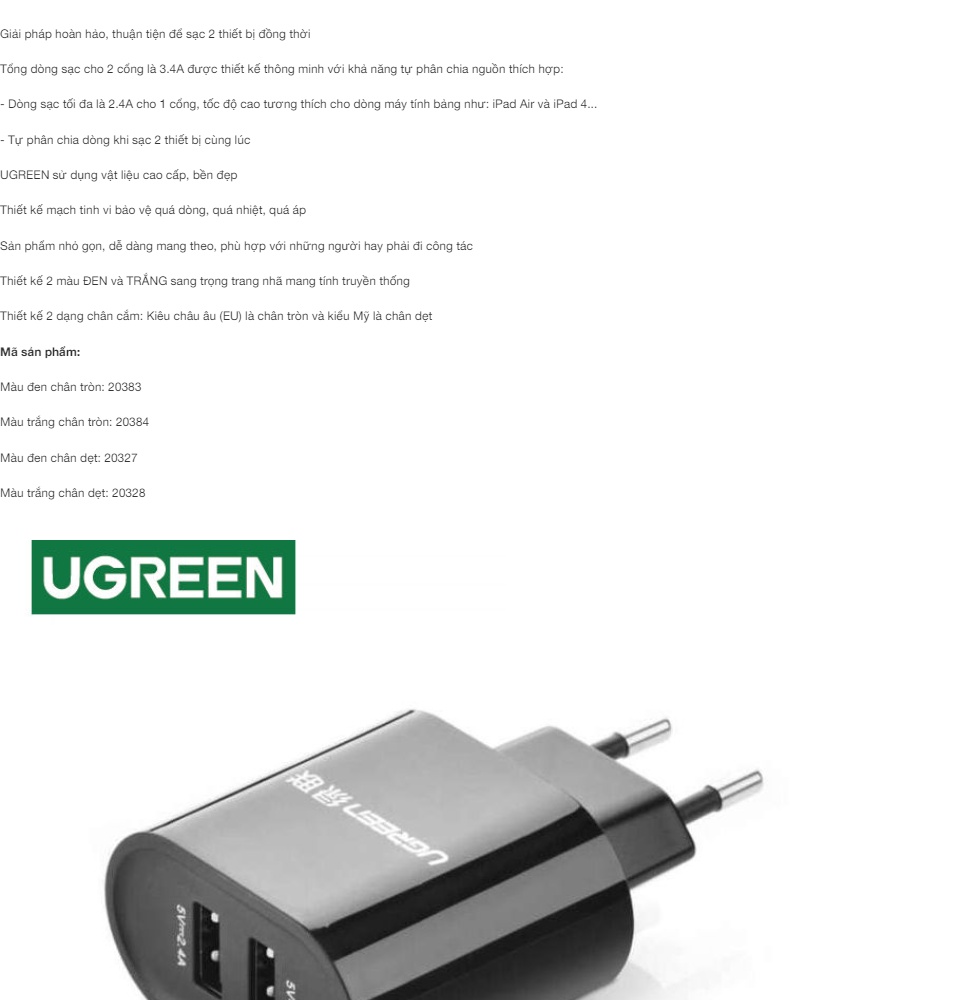 Sạc 2 cổng USB-A UGREEN CD104 - Dòng sạc tối đa 3.4A (Tối đa 2.4A mỗi cổng) Sạc 2 cổng USB-A UGREEN CD104 - Dòng sạc tối đa 3.4A (Tối đa 2.4A mỗi cổng)