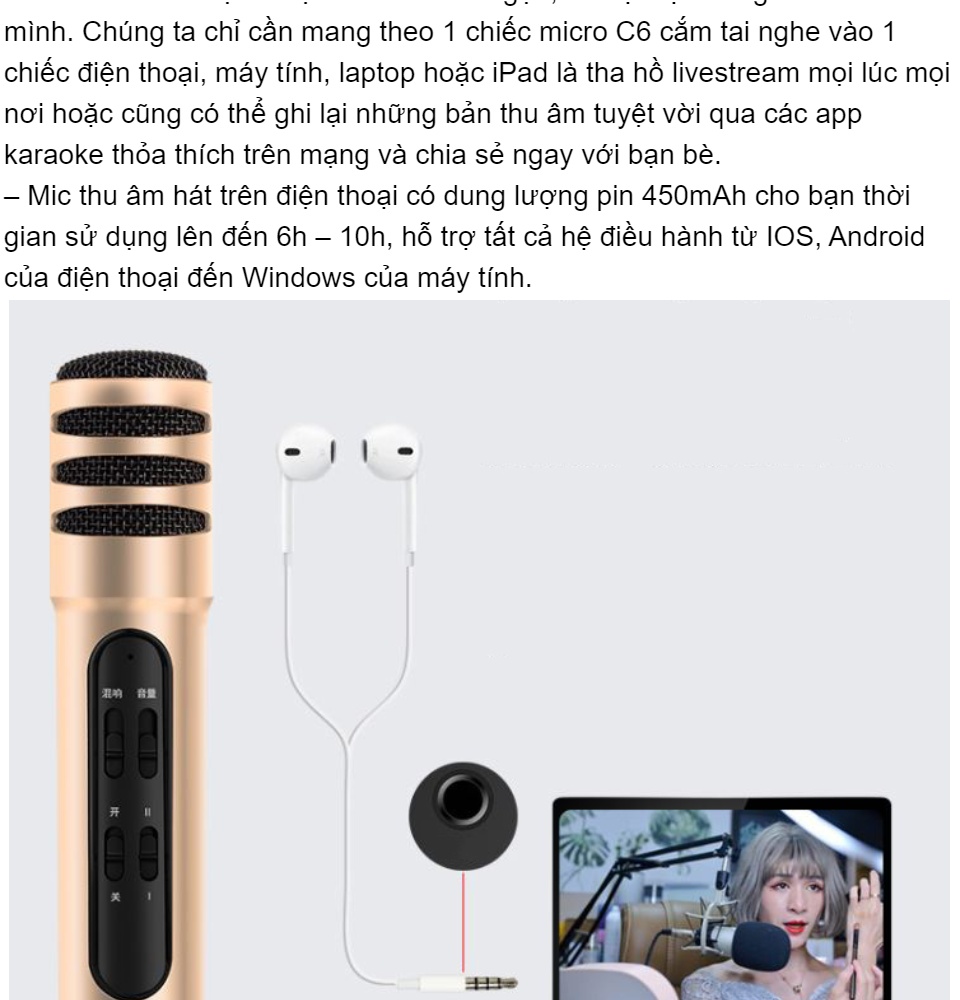 Micro livestream C7 Thu Âm Hát Karaoke Livestream trên điện thoại 3 in 1 Mic