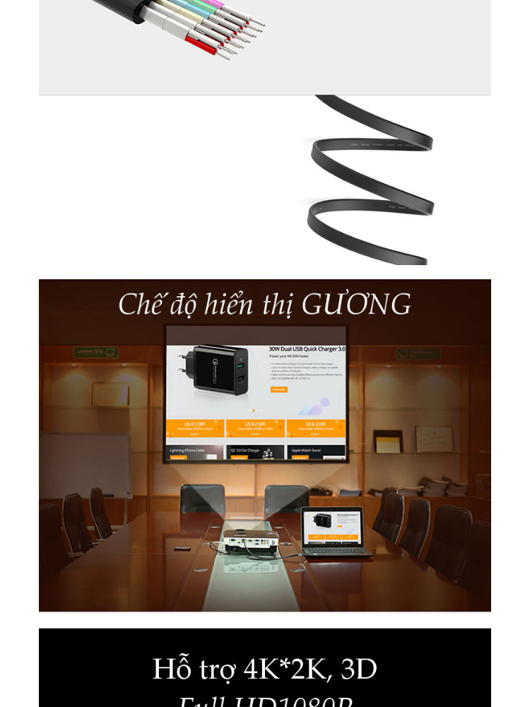 Cáp HDMI 2.0 cao cấp, hỗ trợ 4Kx2K, 3D Full HD1080 dạng dây dẹt UGREEN ED015 Cáp HDMI 2.0 cao cấp, hỗ trợ 4Kx2K, 3D Full HD1080 dạng dây dẹt UGREEN ED015