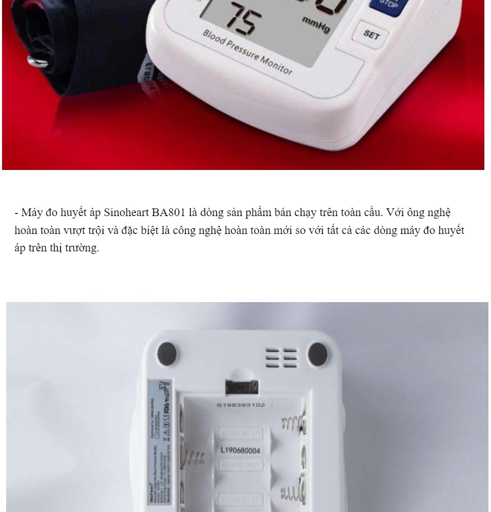 Máy đo huyết áp bắp tay Sinoheart BA-801 - Sinocare Công nghệ Đức Máy đo