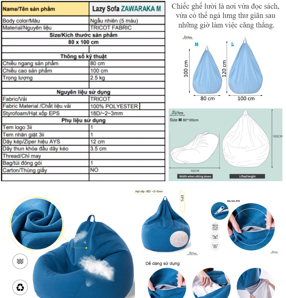 Ghế Lười Hạt Xốp 3ii Home Hàng Xuất Khẩu Chất Lượng Cao Size M 80x100cm Màu Hồng