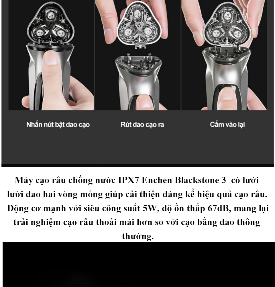 Máy cạo râu chống nước IPX7 Enchen Blackstone 3 đầu dao nổi 3D máy cạo