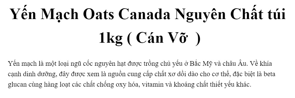 [hcm]yến mạch oats canada nguyên chất túi 1kg ( cán vỡ ) 1