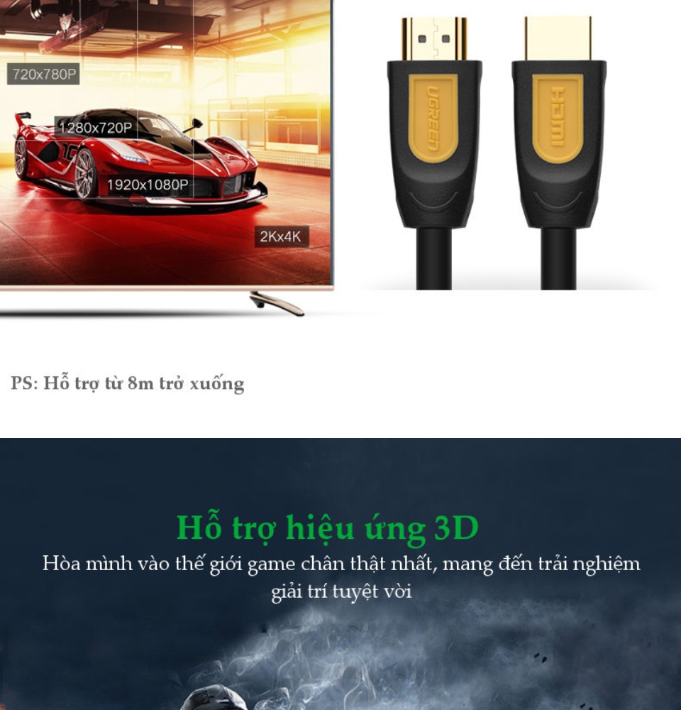Dây cáp HDMI 2.0 thuần đồng 100%, 19+1 dùng cho Tivi, máy tính, máy chiếu, màn hình... 2m UGREEN HD107 Dây cáp HDMI 2.0 thuần đồng 100%, 19+1 dùng cho Tivi, máy tính, máy chiếu, màn hình... 2m UGREEN HD107