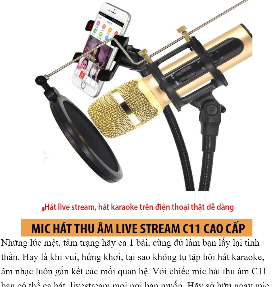 Micro C11  Thu Âm Hát Karaoke Livestream trên điện thoại 3 in 1 Mic