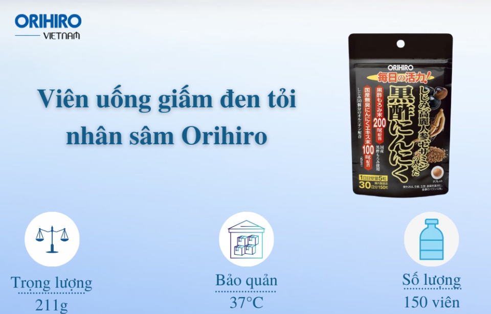Viên Uống Giấm Đen Nhân Sâm Orihiro 150 Viên Giúp Bổ Sung Sesamine Tăng Cường Sức Đề Kháng, Bảo Vệ Sức Khoẻ Tim Mạch
