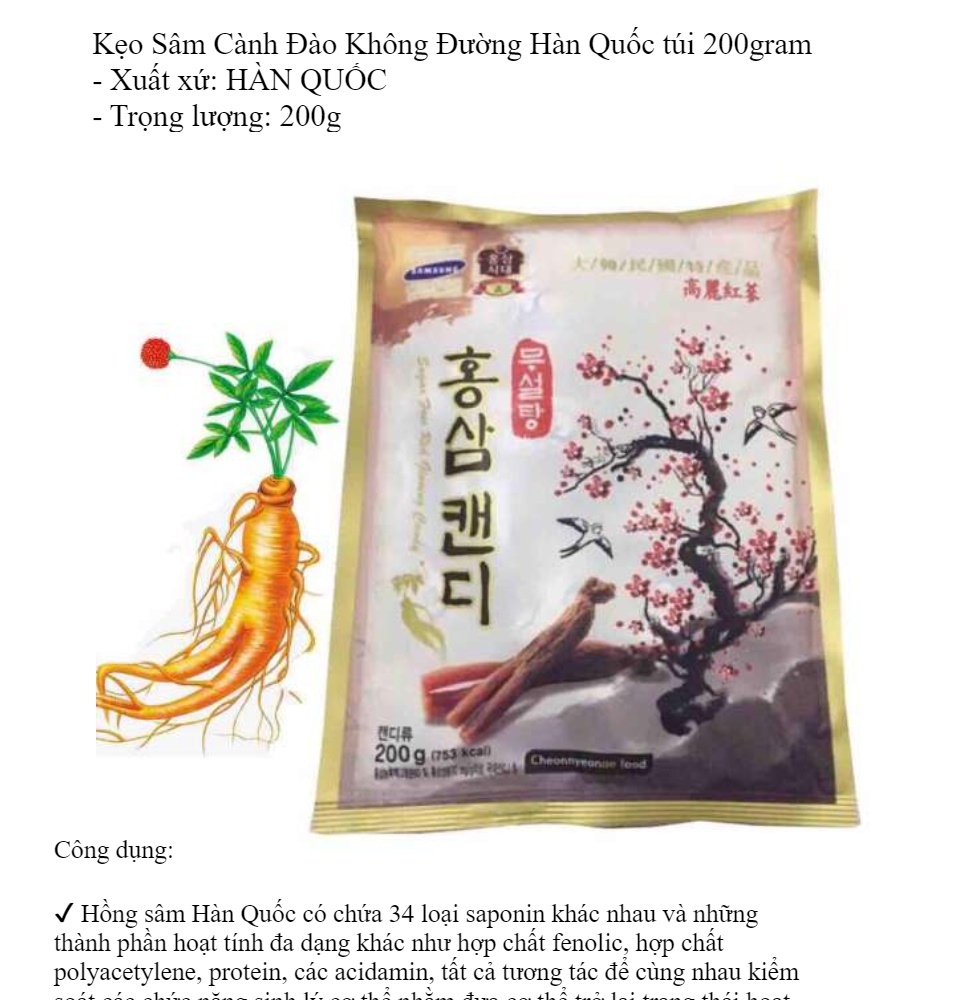 Kẹo Sâm Cành Đào Không Đường Hàn Quốc túi 200gr