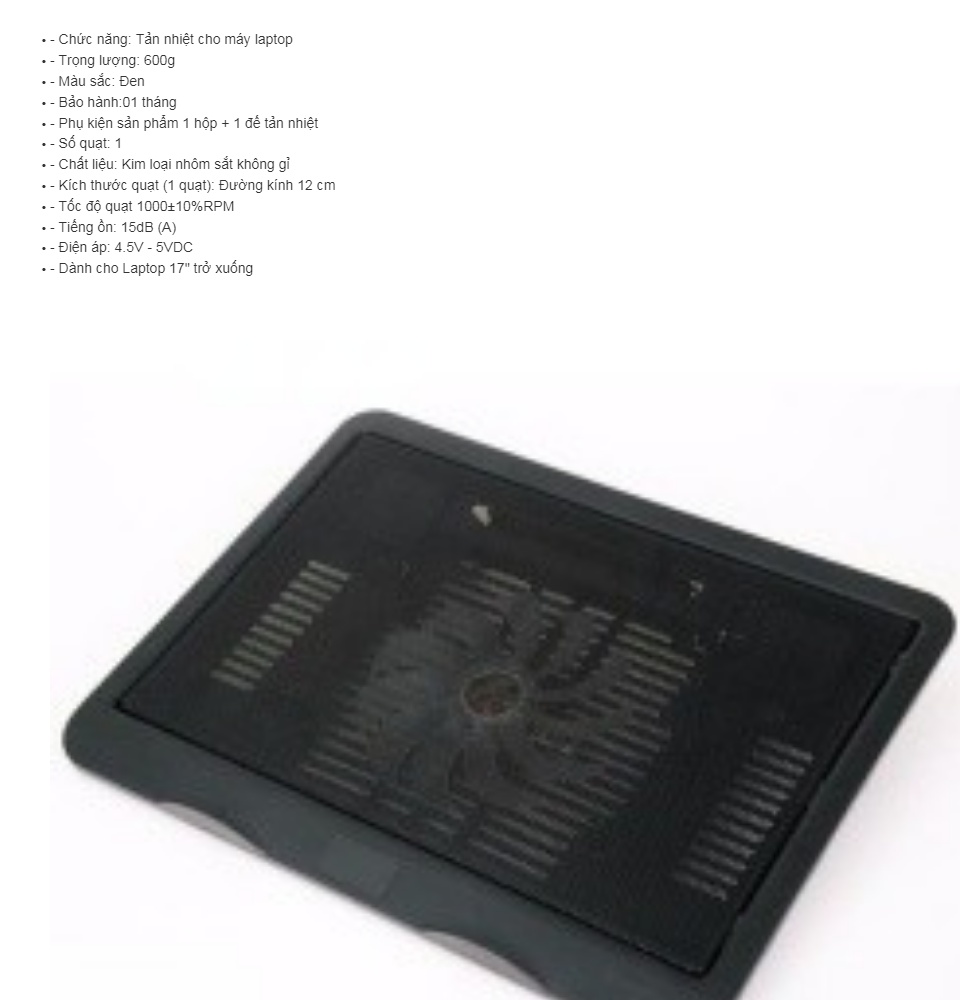 Đế tản nhiệt Laptop cao cấp Cooling Pad N191 1 quạt lớn