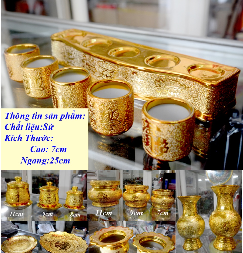 Án năm-Bộ năm ly nước thờ cúng kim sa vàng