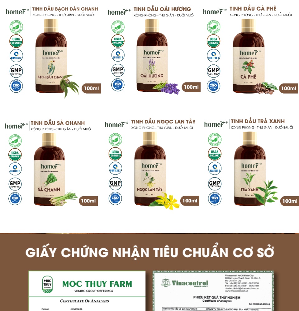 Tinh dầu thiên nhiên dung tích 100ml HOMER nhập khẩu - Nhóm đơn hương cơ bản 20 mùi - Tinh dầu Cam / Bạc hà / Sả chanh