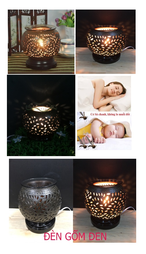 Đèn Xông Tinh Dầu gốm đen sang trọng size to + 1 tinh dầu sả chanh 5 ml