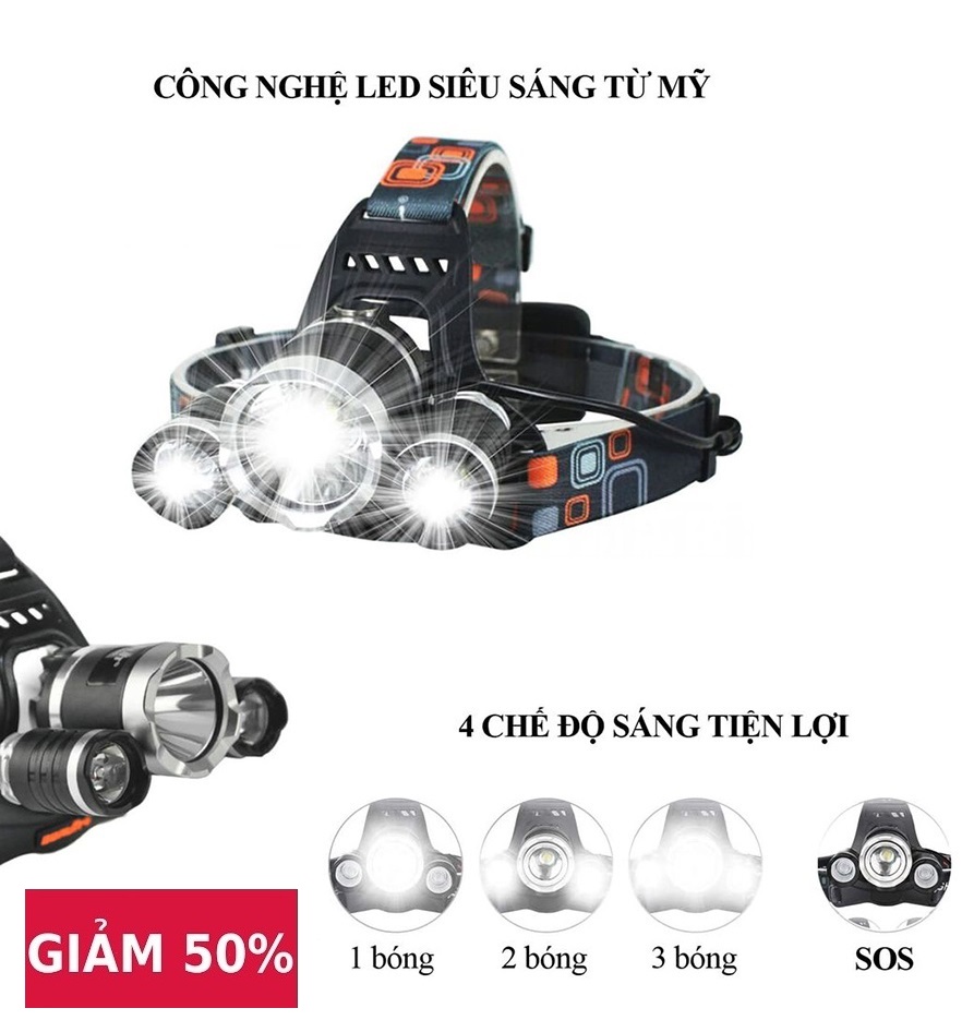 Đèn Pin Đội Đầu Sạc Điện Máy Xanh - (Đèn Tốt )Đèn Pin Đội Đầu Siêu Sáng - Đèn Pin Led Siêu Sáng Đội Đầu 3 Bóng (Đen) Nhiều Chế Độ Tặng Kèm Pin Và Sạc