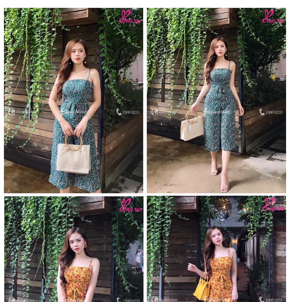 JUM Lửng 2 Dây Lụa Hoa Phối Nơ Thắt Eo Siêu Xinh. Qc