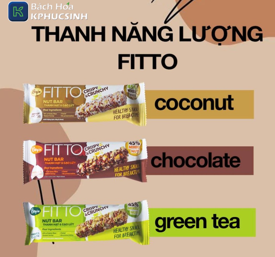 Hộp 6 Thanh Năng Lượng Fitto Sô Cô La, Trà Xanh, Dừa Begin 365