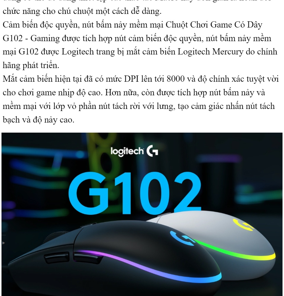 Chính Hãng Logitech - Chuột Có Dây Logitech G102 Prodigy RGB LED - 8000DPI Bảo