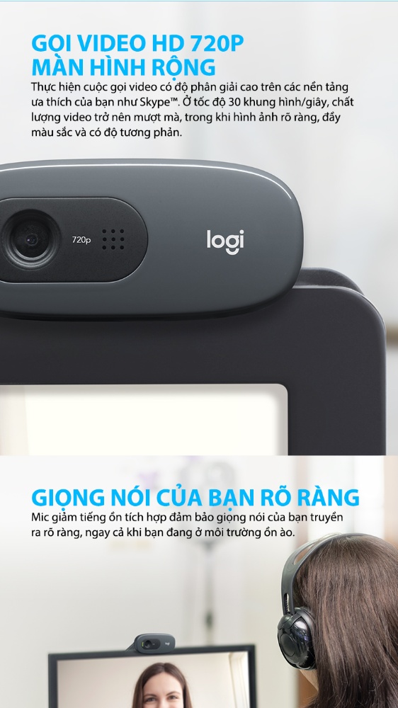 Webcam Logitech C270 720p HD - Góc camera rộng micro giảm ồn tự động chỉnh