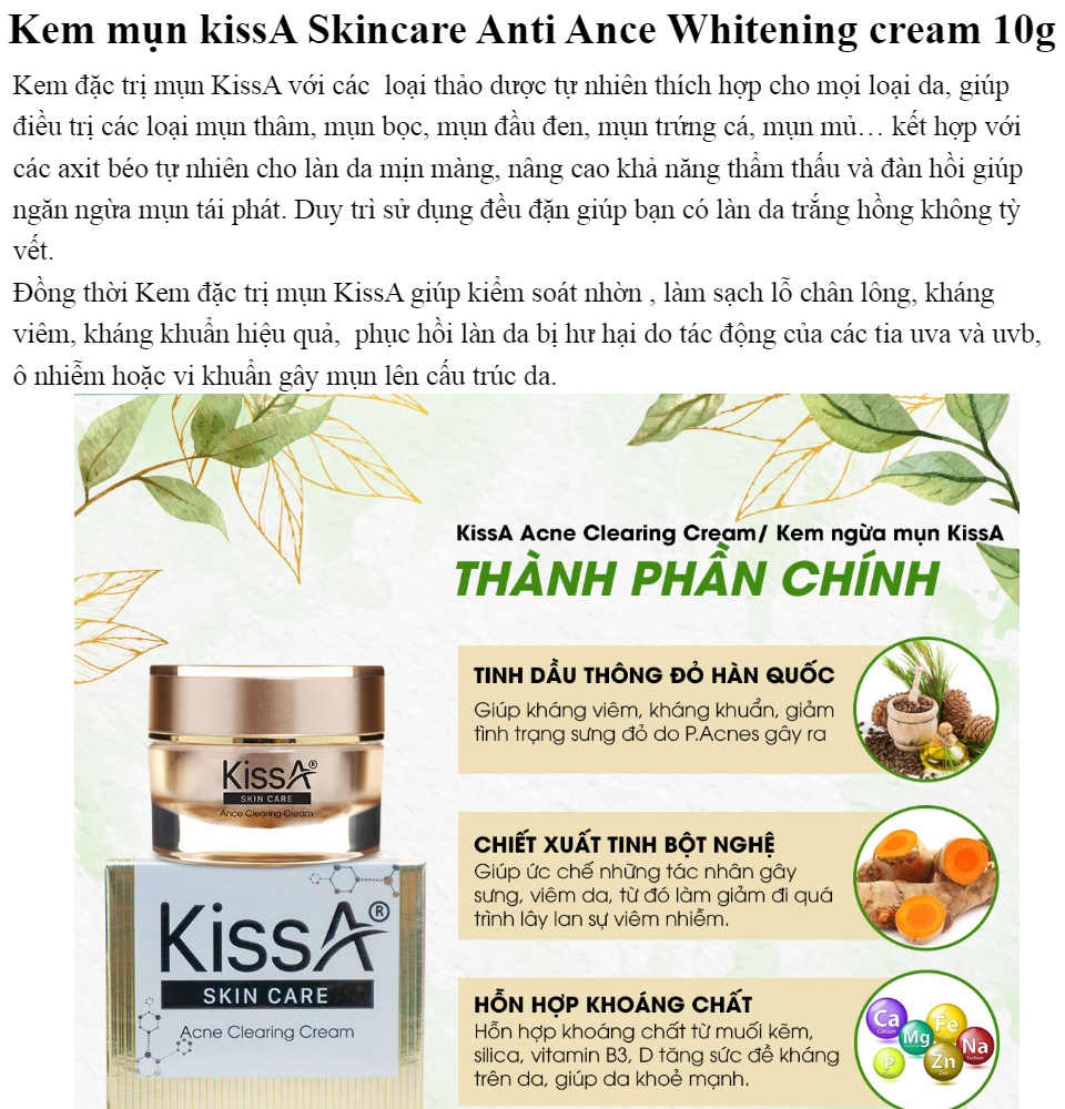 Kem mụn kissA Skincare Anti Ance Whitening cream 10g 