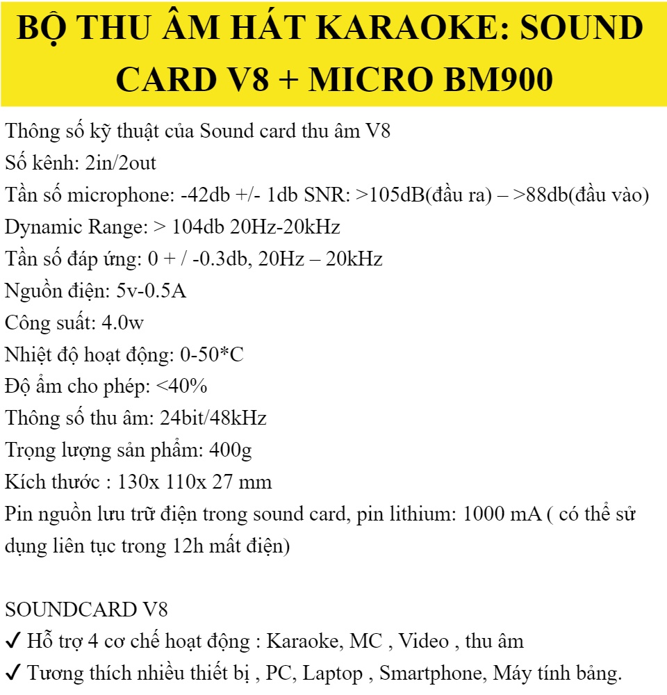 - Combo bộ mic thu âm livestream karaoke BM900 kèm soudcar chỉnh âm V8 -