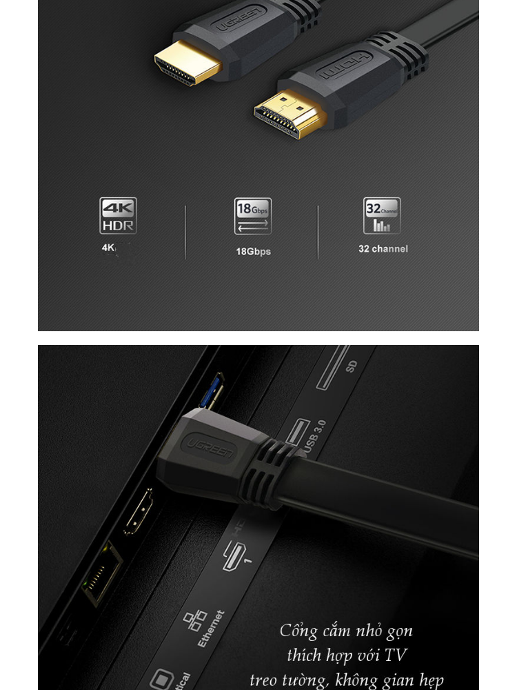 Cáp HDMI 2.0 cao cấp, hỗ trợ 4Kx2K, 3D Full HD1080 dạng dây dẹt UGREEN ED015 Cáp HDMI 2.0 cao cấp, hỗ trợ 4Kx2K, 3D Full HD1080 dạng dây dẹt UGREEN ED015