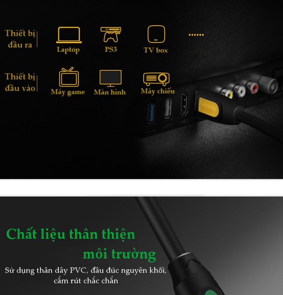 Dây cáp HDMI 2.0 thuần đồng 100%, 19+1 dùng cho Tivi, máy tính, máy chiếu, màn hình... 2m UGREEN HD107 Dây cáp HDMI 2.0 thuần đồng 100%, 19+1 dùng cho Tivi, máy tính, máy chiếu, màn hình... 2m UGREEN HD107